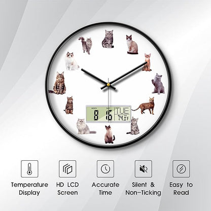 Large Display Modern LCD Clock with Calendar and Date Temperature Funny Cats Silent Battery Operated Digital Wall Clocks Non-Ticking Clock for Bathroom Kitchen Bedroom Living Room Decor 14 Inch