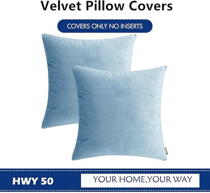 HWY 50 Light Blue Velvet Throw Pillow Covers 20x20 Inch, Pack of 2 Soft Cozy Solid Decorative Luxury Cushion Cases for Couch Sofa Bed Living Room Bedroom
