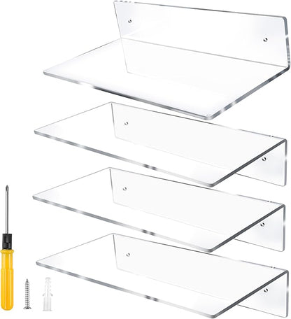 Jansburg 12 Inch L-Shaped Acrylic Floating Shelf Clear Wall Mounted Shelves Invisible 5MM Thick Shelf for Wall Storage Clear Shelves for Makeup Photo Picture Book Record Display 4 Pack