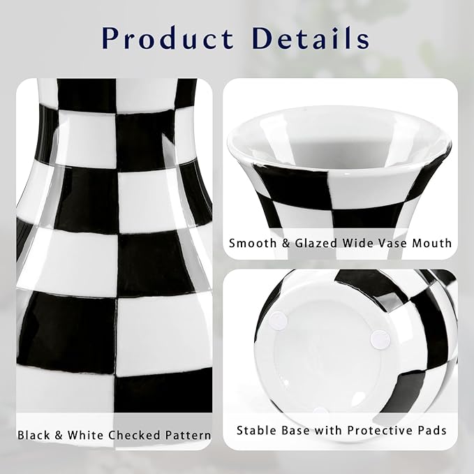 Black and White Ceramic Vase, 11" Tall Black Checkered Vase in Wide Mouth, Large Decorative Flower Vases for Decor Living Room, Table Centerpiece, Dining Room, Entryways, Wedding Decor, Porcelain Vase