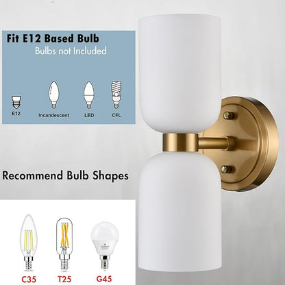 CLAXY Modern Gold Bathroom Vanity Wall Sconce 2-Light Wall Light with Milky Glass Shades Over Mirror Bedroom Stairway