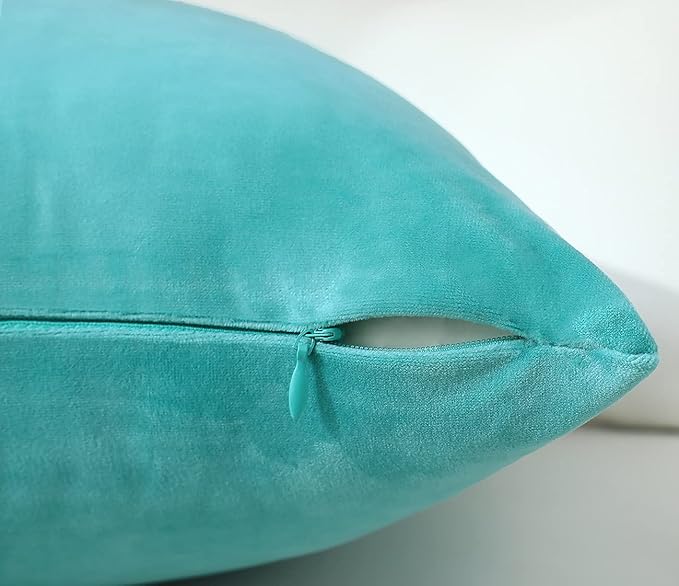 mixeoo Comfy Turquoise Throw Pillow Covers Decorative Square Solid Thick Velvet Super Soft Cushion Cases Home Decor for Sofa Couch Living Room Chair, Set of 2, 16 x 16 Inch