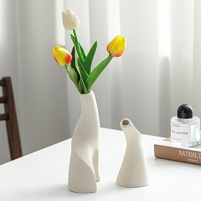 Irregular Circular Cross Ceramic Vase Set,Modern Minimalist Abstract Art Flower Vase for Home Decor,Decorative Small Bud Vase for Home Office Shelf Decor(White)