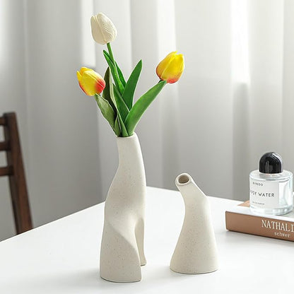 Irregular Circular Cross Ceramic Vase Set,Modern Minimalist Abstract Art Flower Vase for Home Decor,Decorative Small Bud Vase for Home Office Shelf Decor(White)