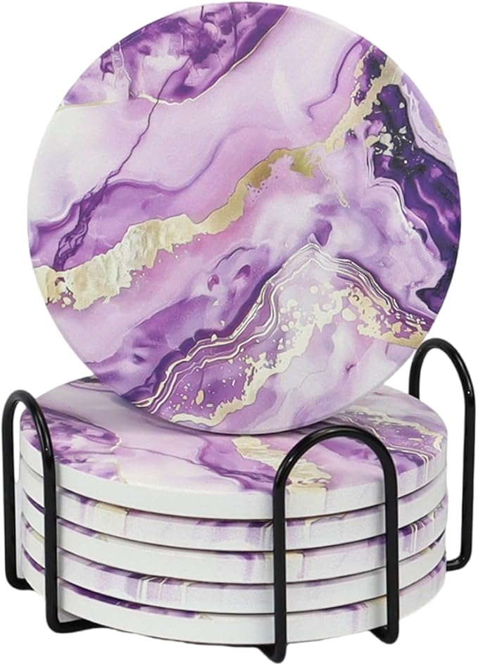 Ceramic Drink Coasters Set of 6 with Holder, Modern Marble Absorbent Ceramic Coasters, Round Ceramic Table Coasters for Home Decor Coffee Kitchen (4 Inches), Purple