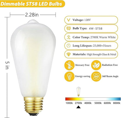 Dimmable e26 Frosted LED Edison Bulbs, 4W, Equivalent 40W, 400LM,Warm White 2700K,AC120V,ST58 Frosted Light Bulbs with 90+ CRI,Pack of 6 (4W=40W Warm White)