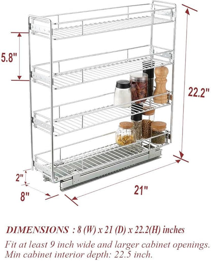 OCG 4-Tier Pull Out Kitchen Cabinet Spice Rack Holder Shelves (8" W x 21" D), Slide Out Slim Storage Wire Baskets for Storage Organization, Narrow Slide Out Storage for Narrow Space
