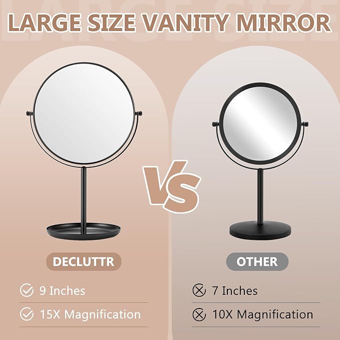 DECLUTTR 15X Magnifying Makeup Mirror, 9 Inch Tabletop Mirror on Stand, Large Double Sided Mirror for Desk, Black