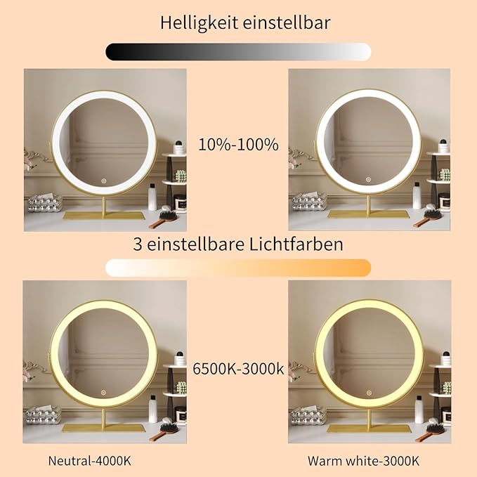 Vanity Mirror Makeup Mirror with Stand,15.8" Round Vanity Mirror, LED Lights, Smart Touch 360°Rotation, Dimmable White (Golden)