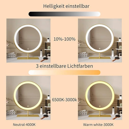 Vanity Mirror Makeup Mirror with Stand,15.8" Round Vanity Mirror, LED Lights, Smart Touch 360°Rotation, Dimmable White (Golden)