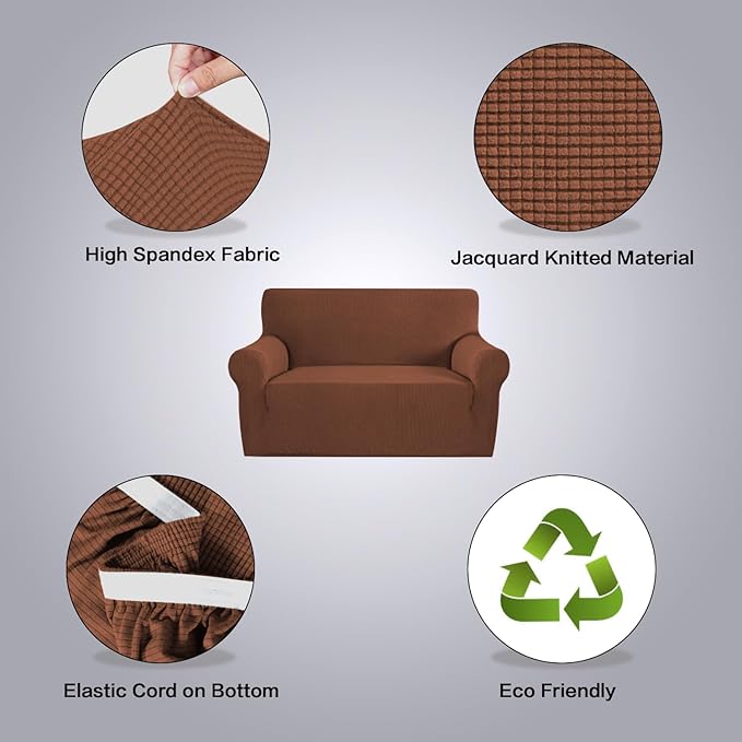 H.VERSAILTEX Stretch Couch Cover Loveseat Covers for 2 Cushion Couch Slipcover|Cover for Loveseat 1 Piece with Elastic Bottom, Checked Jacquard Fabric(58'-70' Wide, Caramel)