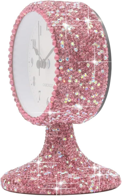 Luxury Rhinestone Small Alarm Desk Table Clock Morning Call Handmade Fashion Design for Bedroom Houseroom Living Room Cute As Gift AR (Pink)
