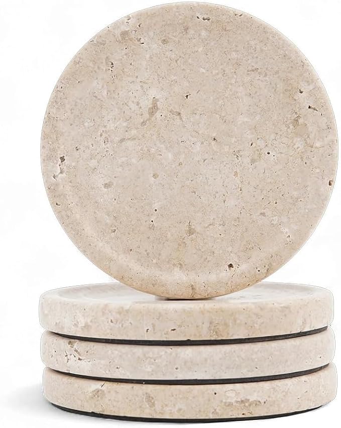 Travertine Marble Coasters Set of 4 for Drinks 4 Inches Round Drink Coaster for Kitchen Countertop, Modern Home Decor