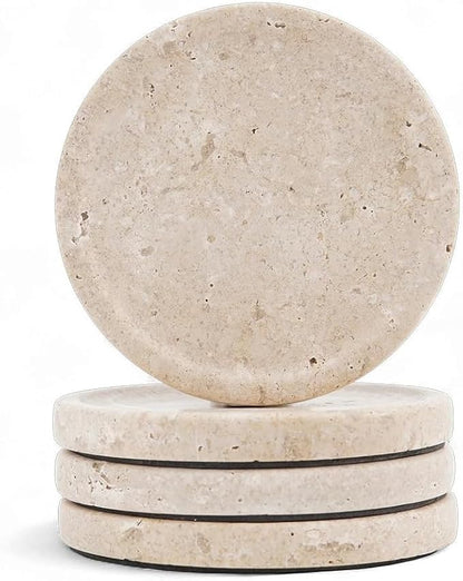 Travertine Marble Coasters Set of 4 for Drinks 4 Inches Round Drink Coaster for Kitchen Countertop, Modern Home Decor