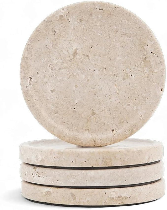 Travertine Marble Coasters Set of 4 for Drinks 4 Inches Round Drink Coaster for Kitchen Countertop, Modern Home Decor