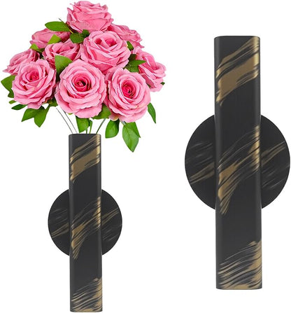 Self Adhesive Wall Vase Metal Tube Decoration Holder Used to Display Dried Flower, Faux Flowers, Fake Flowers, Also Suitable for Cemetery Memorial Decoration (1 Pcs Black and Gold Stripe)