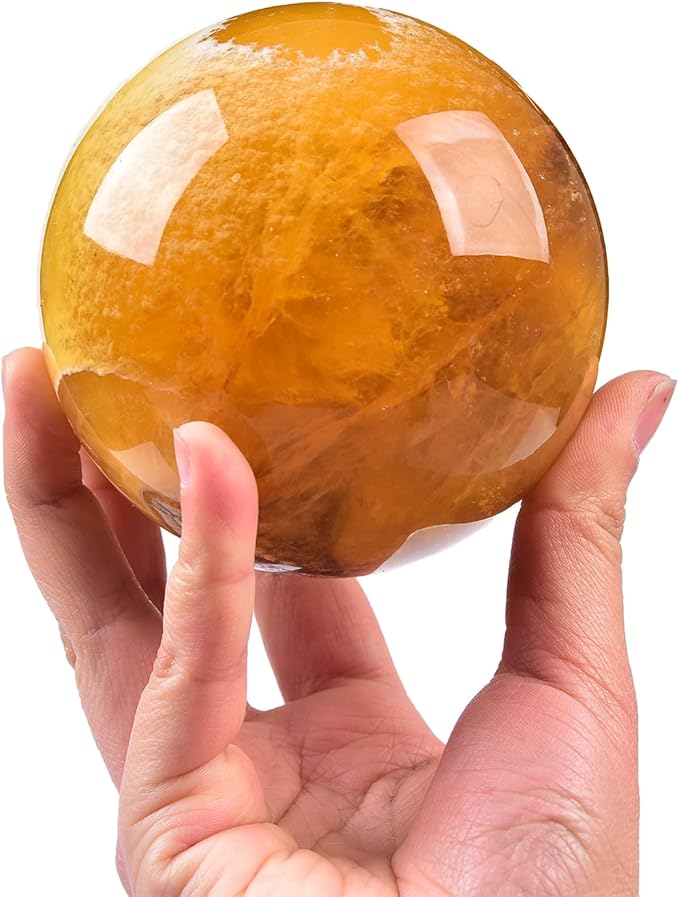JIC Gem Extra Large Yellow Fluorite Crystal Sphere,Decorative Crystal Ball Yellow Gemstone Sphere for Meditation,Office Table Decorations 100-110mm