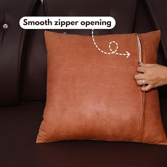 D DOLLY LAMB Lambskin Leather Pillow Cover - Sofa Cushion Case - Decorative Throw Covers for Living Room & Bedroom, 14x14 Inches - Orange Crunch Plain