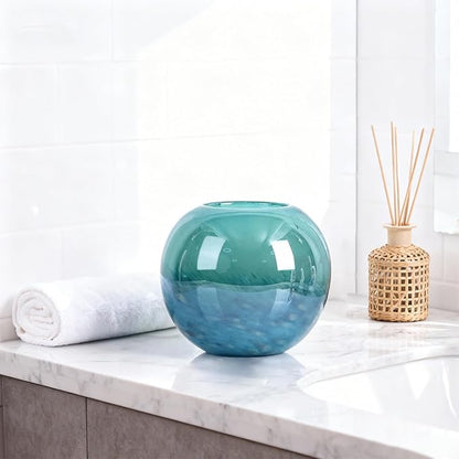 Teal Glass Vase – 7.1in Hand Blown Wide Mouth Art Glass Vase – Turquoise Decorative Vase for Flowers, Centerpieces, Bookshelf, Bathroom, Dining Table or Living Room Display