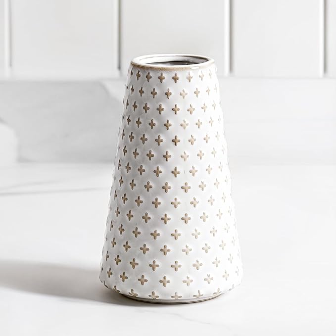 Small Flower Vase for Decor, 6 Inch White Ceramic Embossed Vase for Lego Flowers, Tulip and Pampas Grass, Home Living Room Dining Table Office Decor, Arctic White-Clover