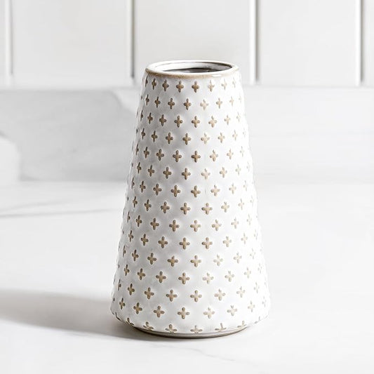Small Flower Vase for Decor, 6 Inch White Ceramic Embossed Vase for Lego Flowers, Tulip and Pampas Grass, Home Living Room Dining Table Office Decor, Arctic White-Clover
