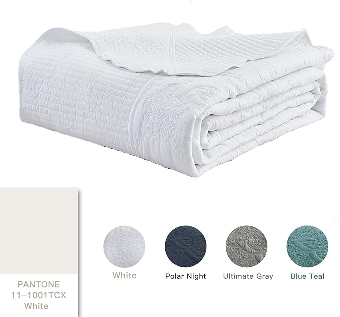 HZ & HY Oversized King Bedspread, Quilted Coverlet Bedding Set, Lightweight Thin Comforter, Reversible, 5 Piece, 100% Microfiber, White