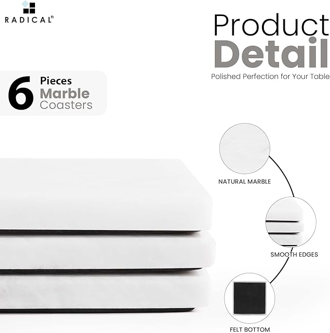 Radicaln Marble Coasters Square 3.5" Inches White Handmade Absorbent Stone Coaster Set for Drinks – Perfect for Kitchen Use, Set of 6 Coasters, Ideal Home Decor