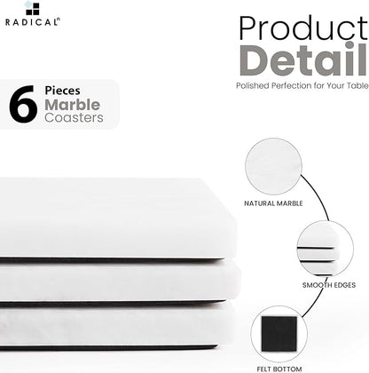 Radicaln Marble Coasters Square 3.5" Inches White Handmade Absorbent Stone Coaster Set for Drinks – Perfect for Kitchen Use, Set of 6 Coasters, Ideal Home Decor
