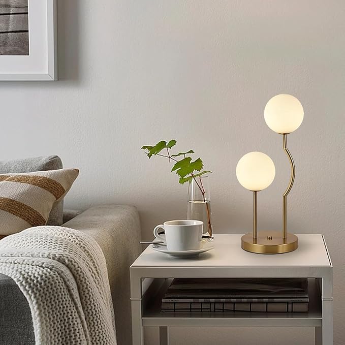 Mid Century Gold Globe Table Lamp 2-Light Orb Modern Beside Desk Table Light with Milk White Glass Shade Metal Base Nightstand Lamp for Bedroom Bedside