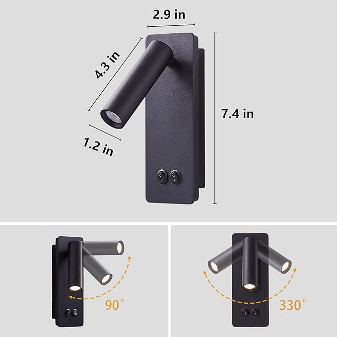 Wall Mounted Reading Light for Books in Bed, Bedside Wall Lamps with 3 Dimming, 350°Rotation Plug in Wall Sconce, Upgrade Headboard Bedside Lamp for Bedroom Living Room (Black)