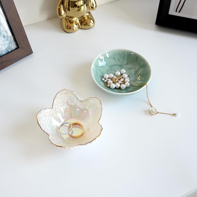 Flower Shape Ring Dish Jewelry Tray Organizer, Glass Accent Tray for Vanity, Small Decorative Trinket Dish, Pearl White