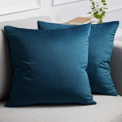 lalaLOOM Velvet Throw Pillow Covers, Set of 2 Decorative Square Pillows Home Decor, Soft Accent Cases, Silky Machine Washable Pillowcases for Sofa, Couch, Bedroom, Living Room, 16x16, Peacock