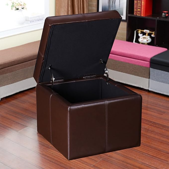 Adeco Faux Leather Cube Storage Ottoman, Brown Ottomans for Living Room, Bedroom