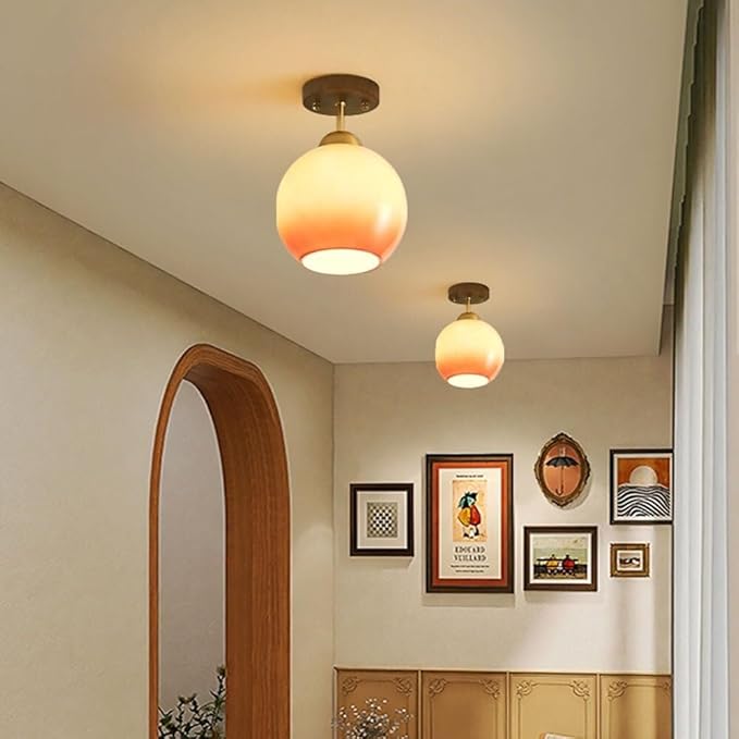 Modern Semi Flush Mount Ceiling Light Minimalist Walnut Wood Base Fixture Gradient Glass Globe Shade Ceiling Lamp for Hallway Entryway Balcony Lighting