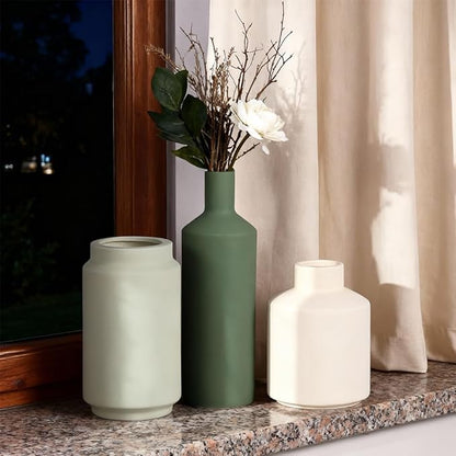 Neutral Ceramic Vase Set of 3 – Modern Decorative Vases, Small Flower Pottery Vase Sets, Boho Farmhouse Rustic Vases for Living Room, Kitchen, Bedroom, Bathroom, Shelf, Table