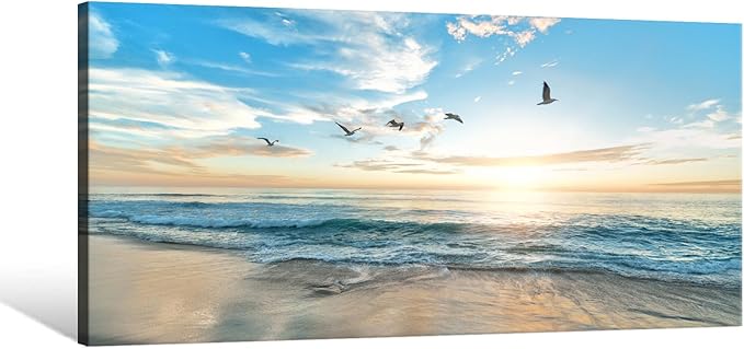 Goldfoilart Ocean Beach Sunset Canvas Wall Art for Bedroom Seagull Seascape Paintings Coastal Picture Framed Artwork for Bathroom Living Room Office Decor 20" x 40"