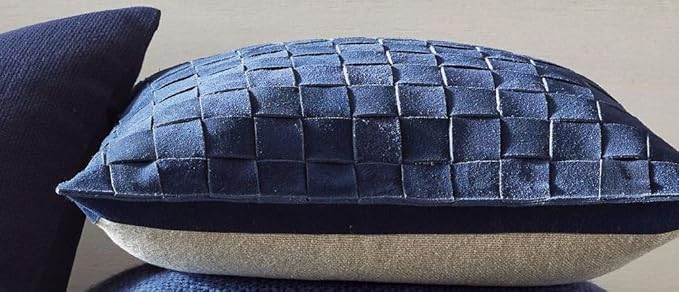 Genuine Lamb Leather Cushion Pillow Cover - Luxury Leather Pillow Case - Modern, Boho, Farmhouse Home Decor - Bedroom Couch, Living Room, Sofa Bed (Basketweave - Navy, 18" x 18")