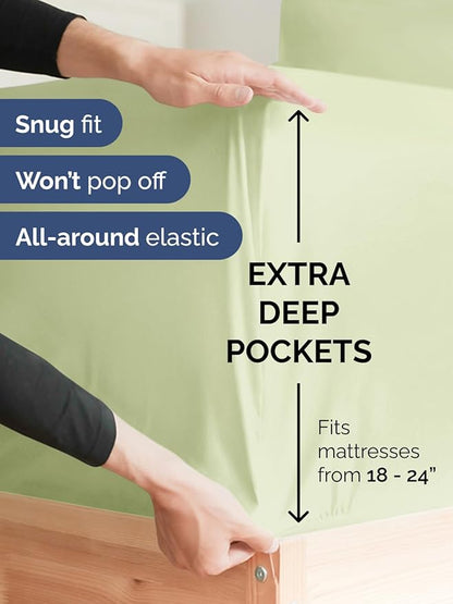Extra Deep Twin Sheet Set - 4 Piece Breathable & Cooling Sheets - Hotel Luxury Bed Sheets Set - Easy & Secure Fit - Soft, Wrinkle Free & Comfy Sheets Set - Light Sage Sheet Set with Extra Deep Pockets