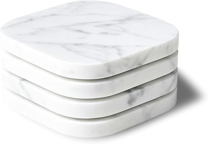Marble Coasters for Drinks – Square Set of 4 Stone Holders for Dinning Tables, Coffee Tables (Carrara White)