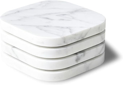 Marble Coasters for Drinks – Square Set of 4 Stone Holders for Dinning Tables, Coffee Tables (Carrara White)