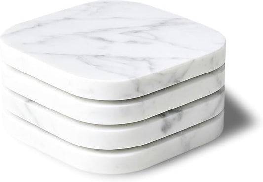 Marble Coasters for Drinks – Square Set of 4 Stone Holders for Dinning Tables, Coffee Tables (Carrara White)