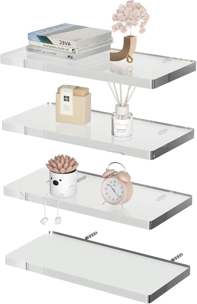 4 Tier Acrylic Floating Shelves for Wall 15.5 Inch Clear Invisible Storage Set Wall Mounted Organizer for Bathroom Kitchen Living Room Bedroom Holds 15lbs