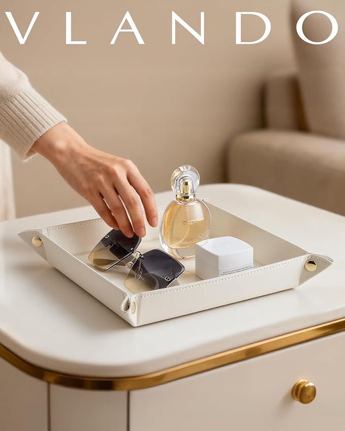 Vlando Valet Tray for Men Women, Nightstand Organizer Vanity Catchall Holder for Dresser Desk Storage Bedside, Travel PU Leather Jewelry Key Bowl Coin Watches and Candy Entryway Tray - Large, Beige