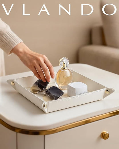 Vlando Valet Tray for Men Women, Nightstand Organizer Vanity Catchall Holder for Dresser Desk Storage Bedside, Travel PU Leather Jewelry Key Bowl Coin Watches and Candy Entryway Tray - Large, Beige