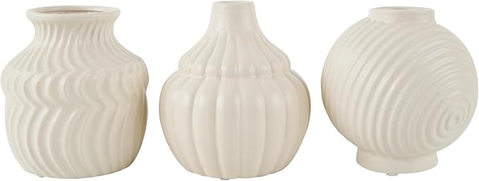 Deco 79 Ceramic Abstract Decorative Vase Small Textured Centerpiece Vases with Varying Shapes and Patterns, Set of 3 Flower Vases for Home Decoration 5" W, 6" H, Cream