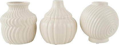 Deco 79 Ceramic Abstract Decorative Vase Small Textured Centerpiece Vases with Varying Shapes and Patterns, Set of 3 Flower Vases for Home Decoration 5" W, 6" H, Cream