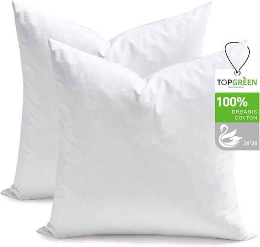 Feathers Down Pillow Inserts 26x26, Set of 2, Euro Pillow Insert with 100% Organic Cotton Shell, Soft Decorative Throw Pillow for Living Room, Sofa, Couch, or Bed (White)