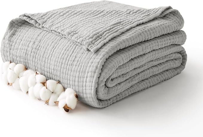100% Cotton Muslin Blanket Twin 66" x 90", Breathable and Lightweight Cotton Twin Blankets for Couch, Soft Cooling Summer Gauze Blanket for Adults All Season, Light Grey