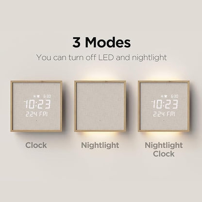 mooas Wooden Frame LED Silent Wall Clock with Remote, Backlit Nightlight, Modern Digital LED Wall Clock Display Sunrise Alarm Melody 5 Brightness for Bedroom Living Room (Wooden Frame Light Brown)