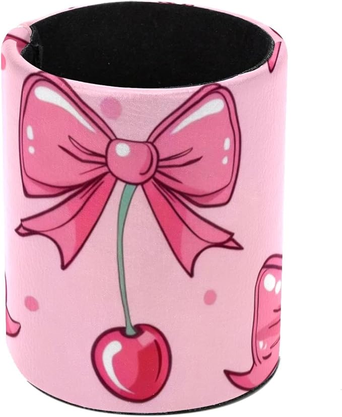 Pink Bows and Cherries on Pink Background Pen Holder for Desk, Round Pencil Cup Desktop Stationery Organizer for Home Office School Desk Brushes Storage
